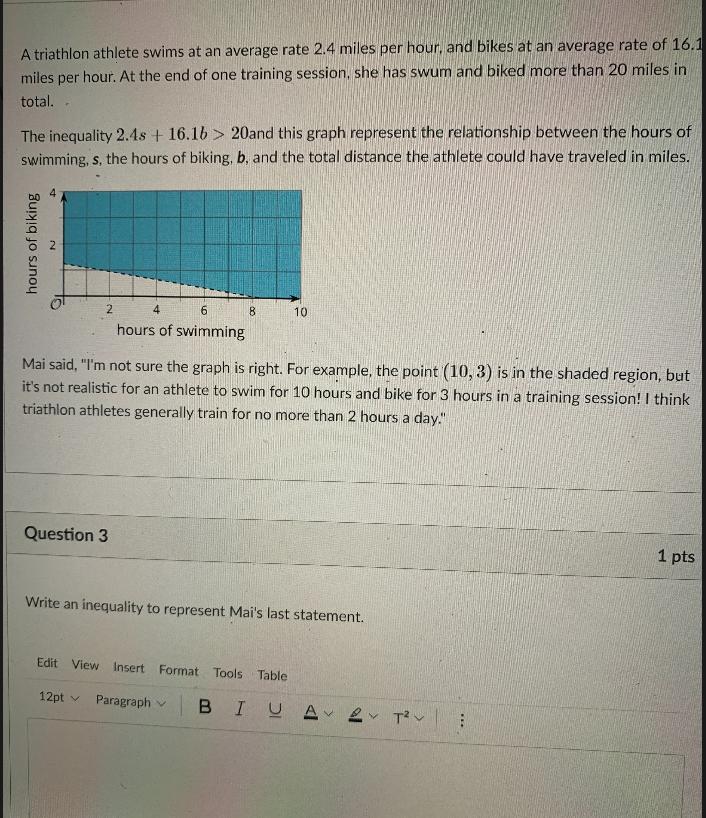 A Triathlon Athlete Swims At An Average Rate 2.4 Miles Per Hour, And Bikes At An Average Rate Of 16.1miles