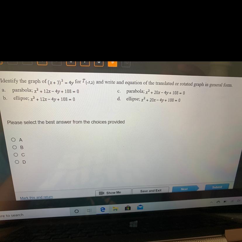 Identify The Graph Of (x+3)^2 - 4y For T(-7,2) And Write And Equation Of The Translated Or Rotated Graph
