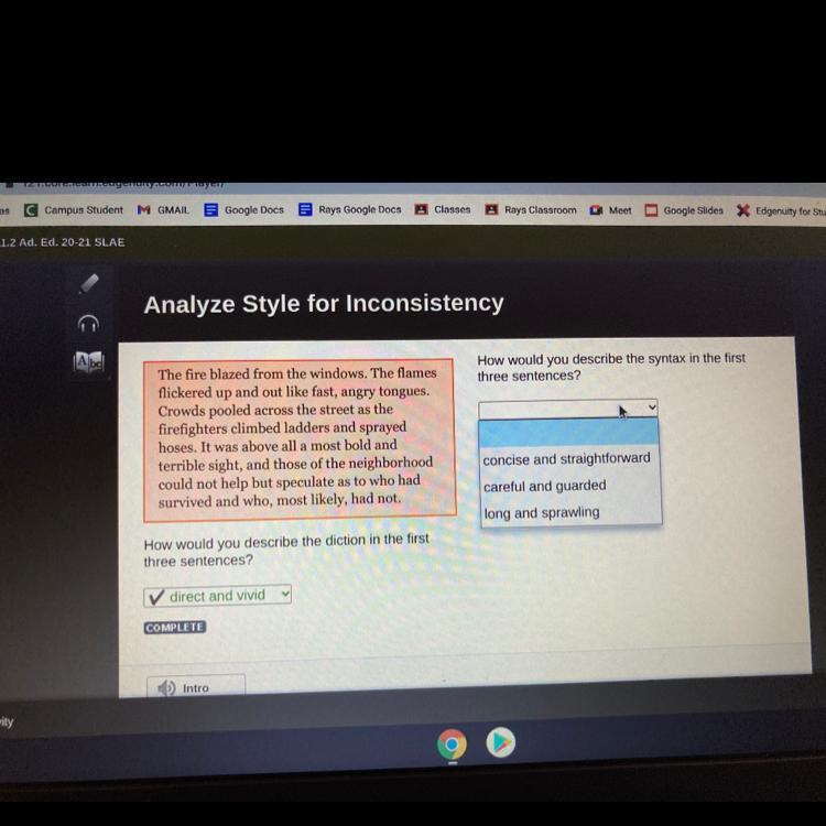 How would you describe the syntax in the first three sentences
