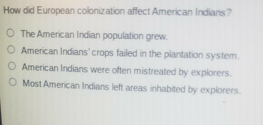 How did European colonization affect American Indians? O The American Indian population grew. American
