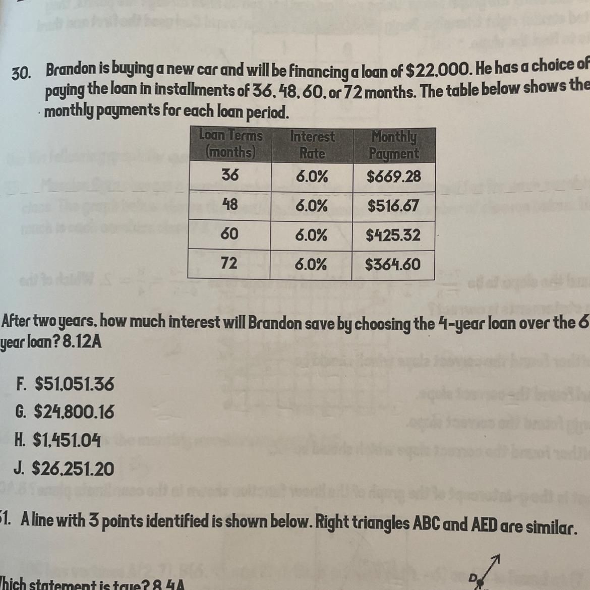 30. Brandon is buying a new car and will be financing a loan of $22.000. He has a choice ofpaying the
