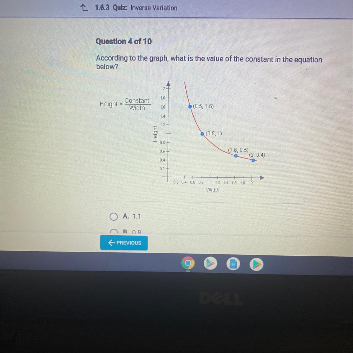 According to the graph, what is the value of the constant in the equationbelow?2 +1.8ConstantHeight =Width1.6+(0.5,