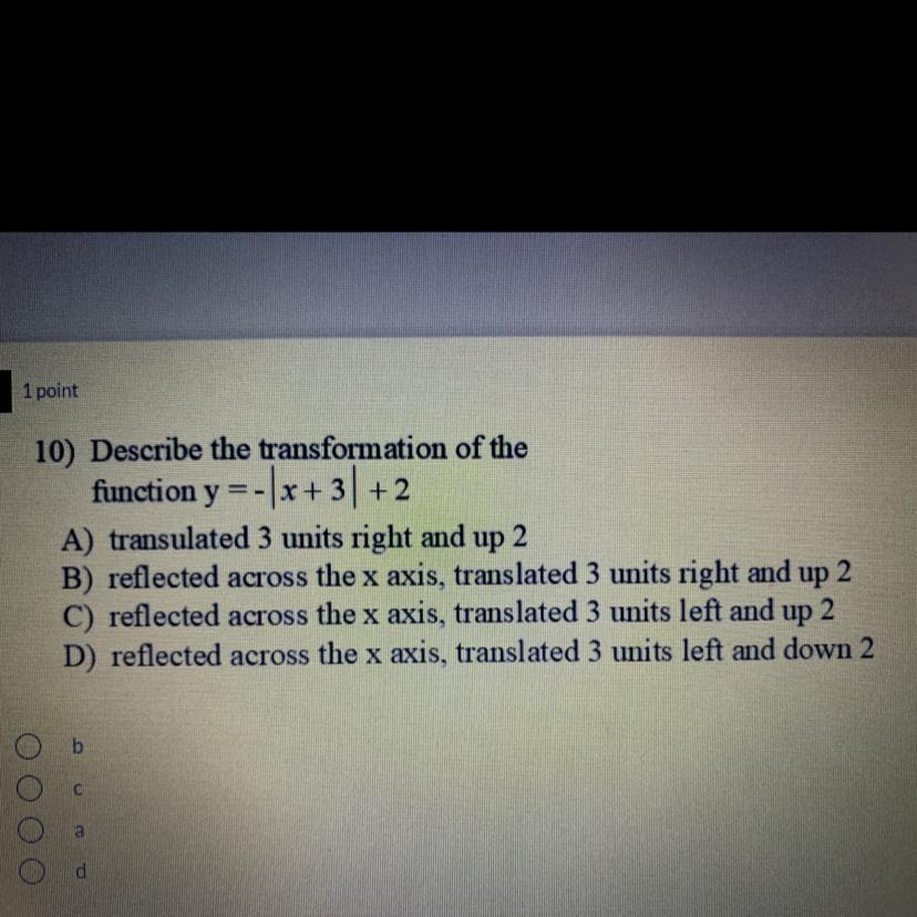 101 point10) Describe the transformation of thefunction y =-\x+31 +2A) transulated 3 units right and