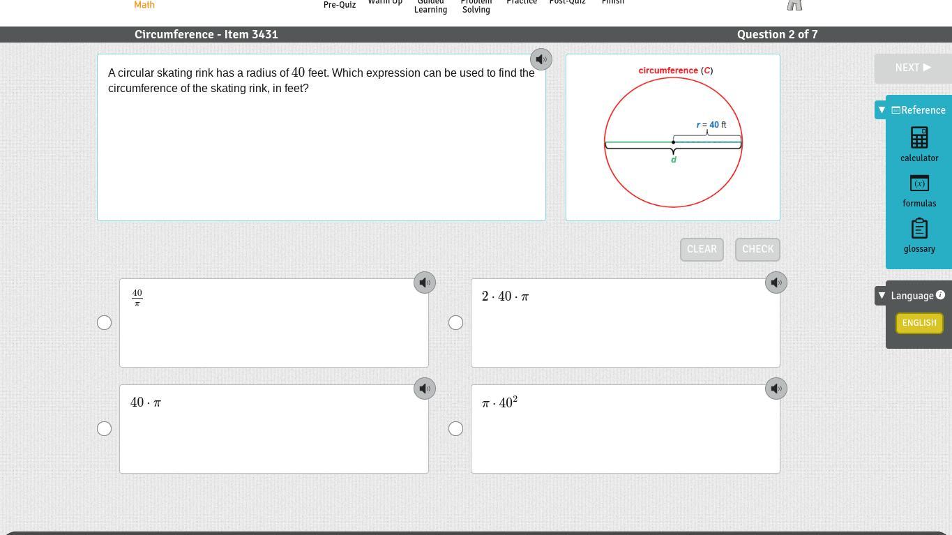 A circular skating rink has a radius of 40 feet. Which expression can be used to find the circumference