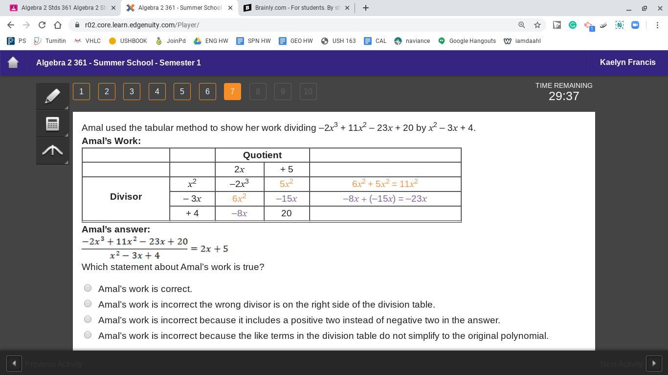 Amal used the tabular method to show her work dividing 2x3 + 11x2 23x + 20 by x2 3x + 4.