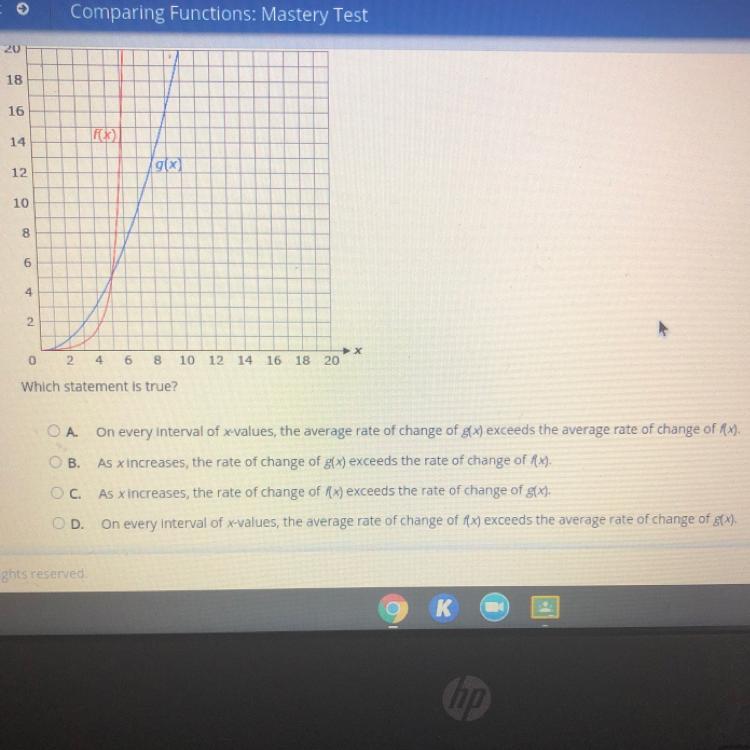 Select the correct answer. (And pls no link) Compare the two functions. f(x)= 1/50(3)^xg(x)=1/5x^2