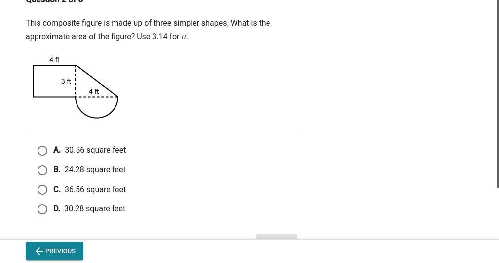This composite figure is made up of three simpler shapes. What approximate area of the figure use 3.14