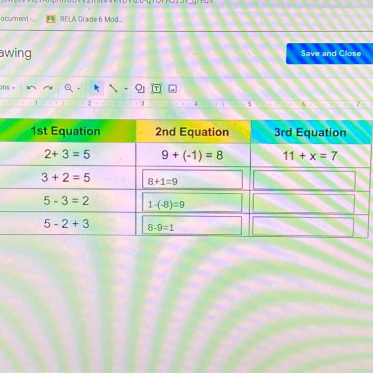 1st Equation2nd Equation3rd Equation2+ 3 = 59 + (-1) = 811 to x = 73 + 2 = 58+1=95-3 = 21-(-8)=95- 2