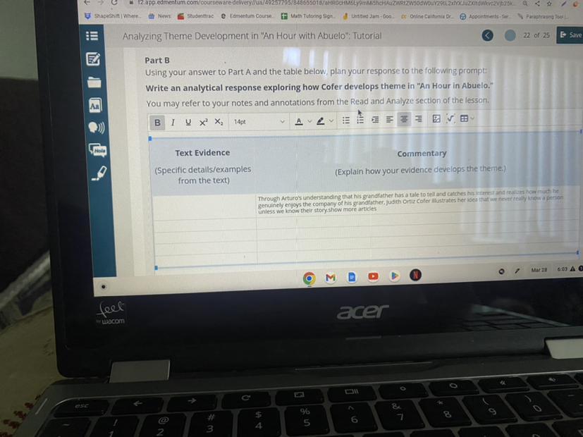 Analyzing Theme Development in "An Hour with Abuelo": TutorialPart BUsing your answer to Part A and the