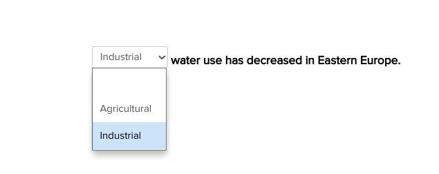 _________ water use has decreased in Eastern Europe.a. agriculturalb. industrial