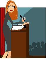 Analyze the speaker in the image above. What does Sandra's slouching posture signal to the audience?a.She