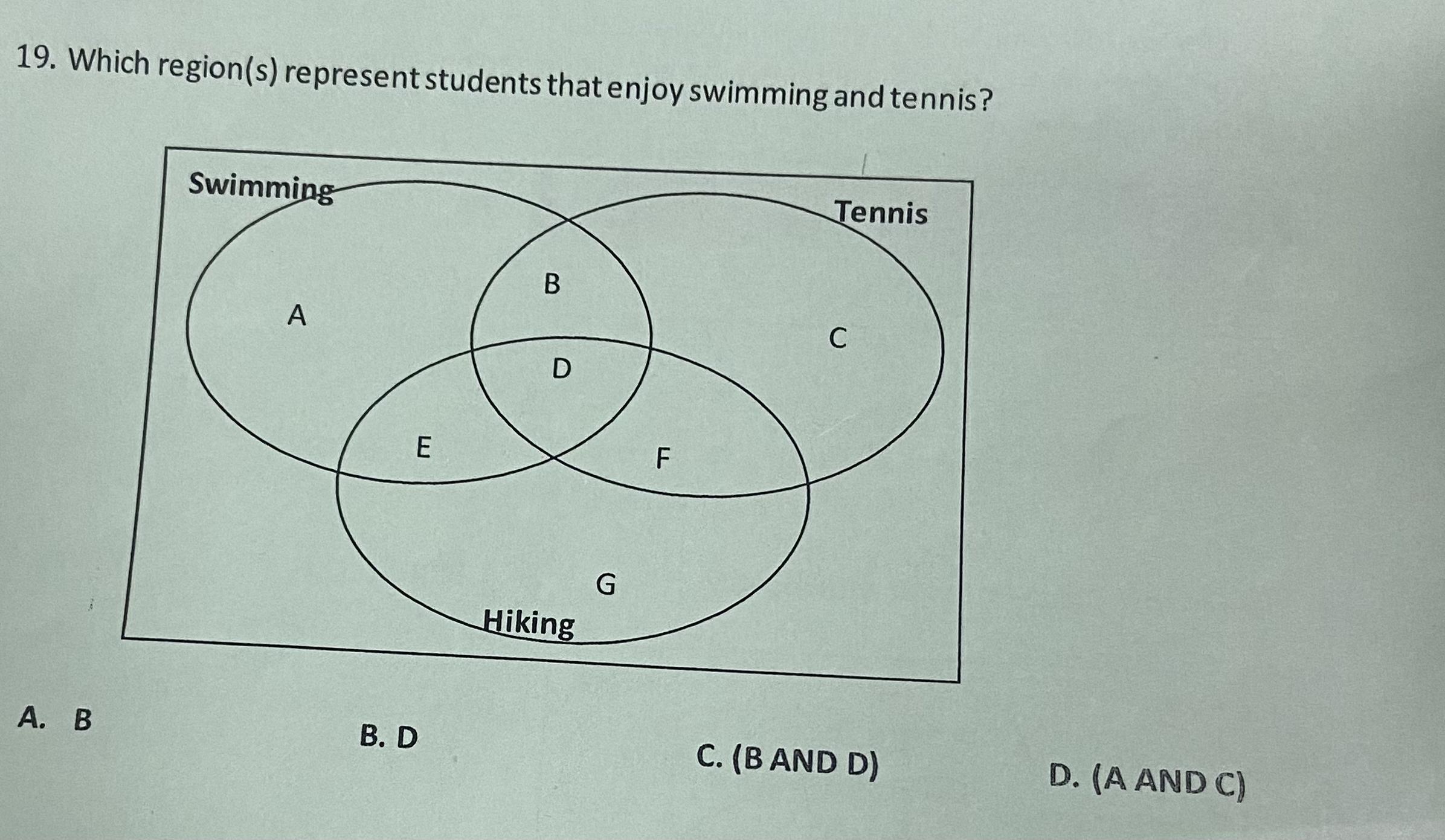 19. Which repon(s) represent students that enjoy wimming and tennis?TennisSwimmingAFHikingA BBDC. (BAND