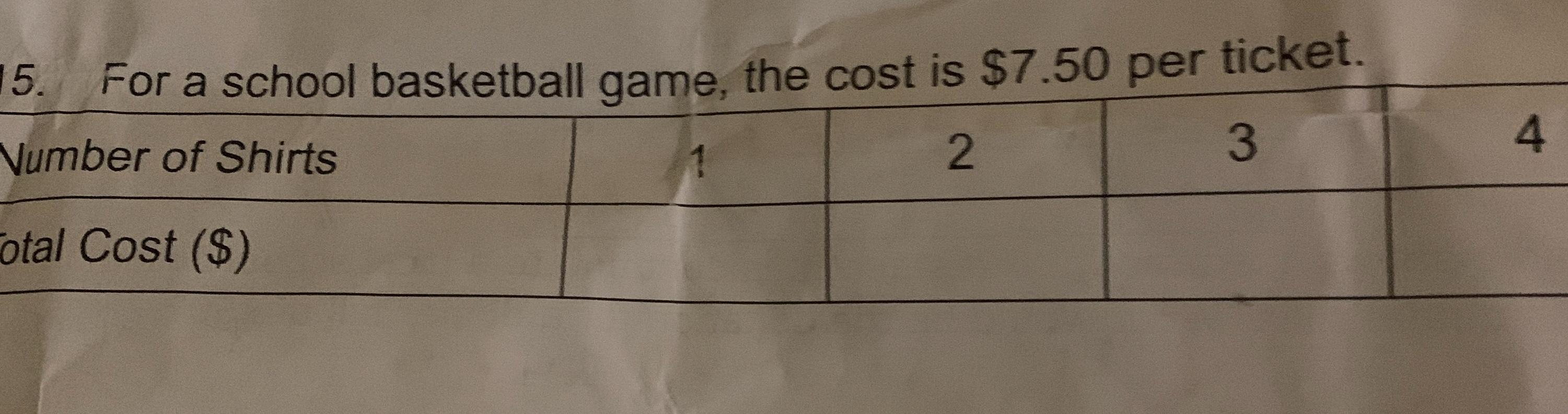 15. For A School Basketball Game, The Cost Is $7.50 Per TicketNumber Of Shirts23Total Cost (S)4