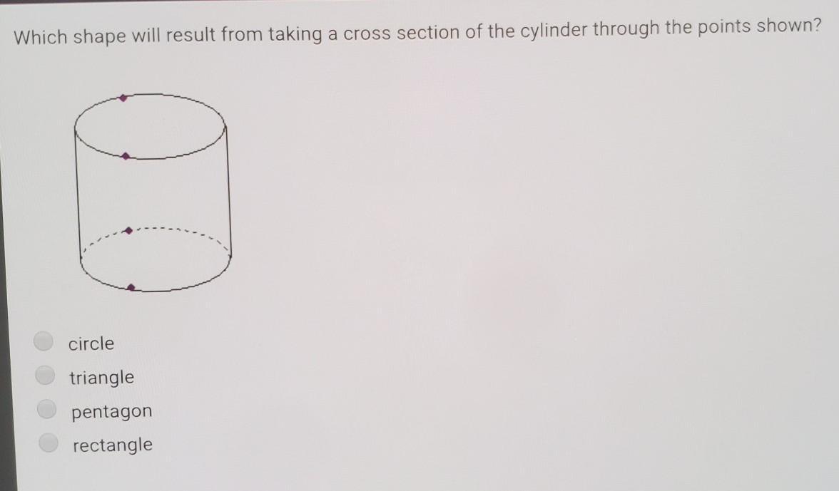 Which shape will result from taking a cross section of the cylinder through the points shown?A. circleB.