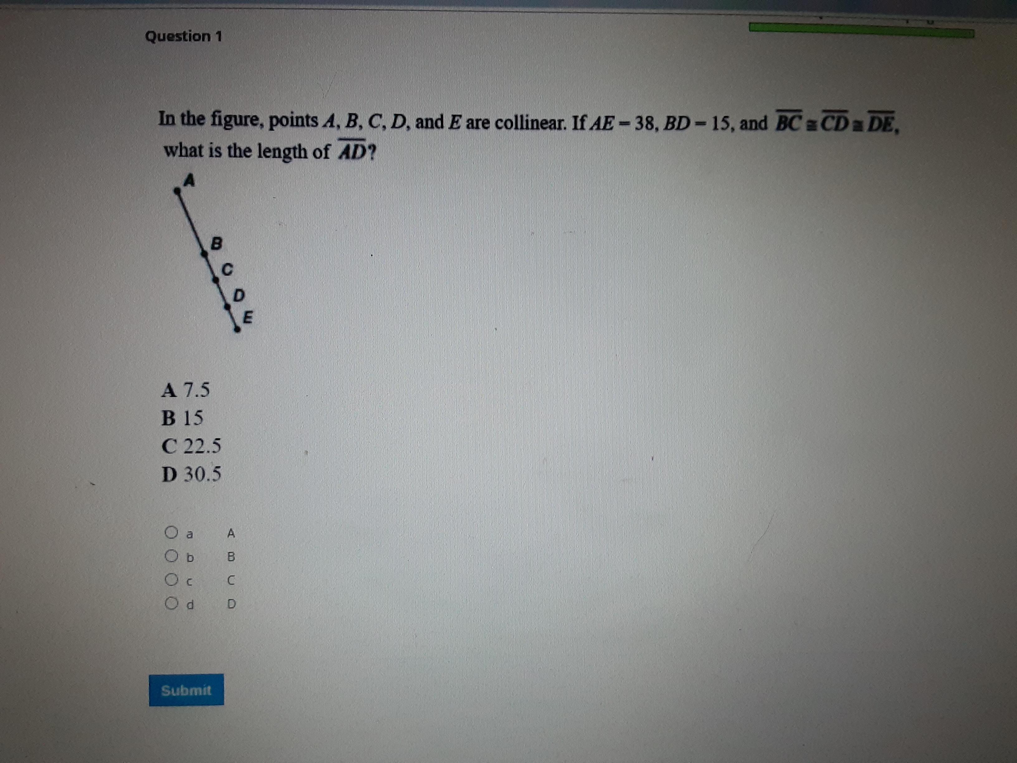 In the figure points A B C D and E are collinear. If AE = 38 and BD = 15
