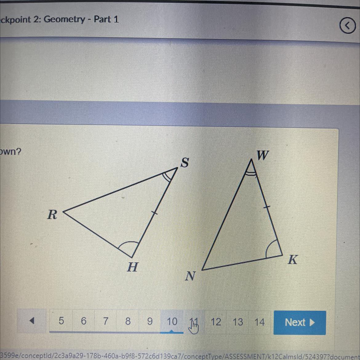 What is a correct congruence statement for the triangles shown?Enter your answer in the box.