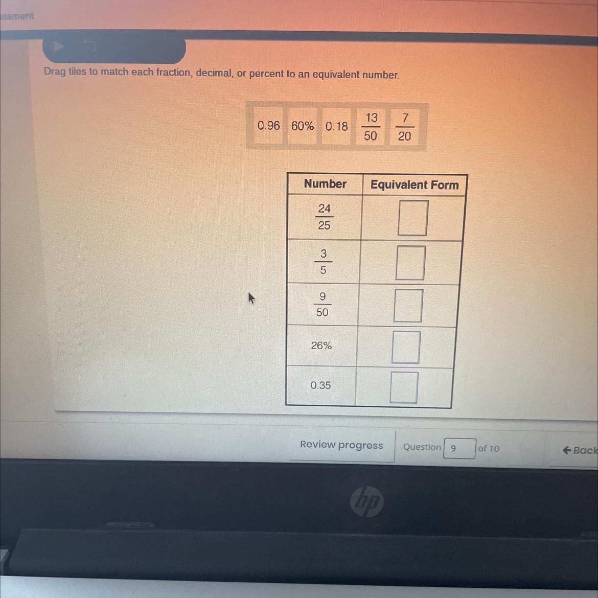 Drag tiles to match each fraction, decimal, or percent to an equivalent number