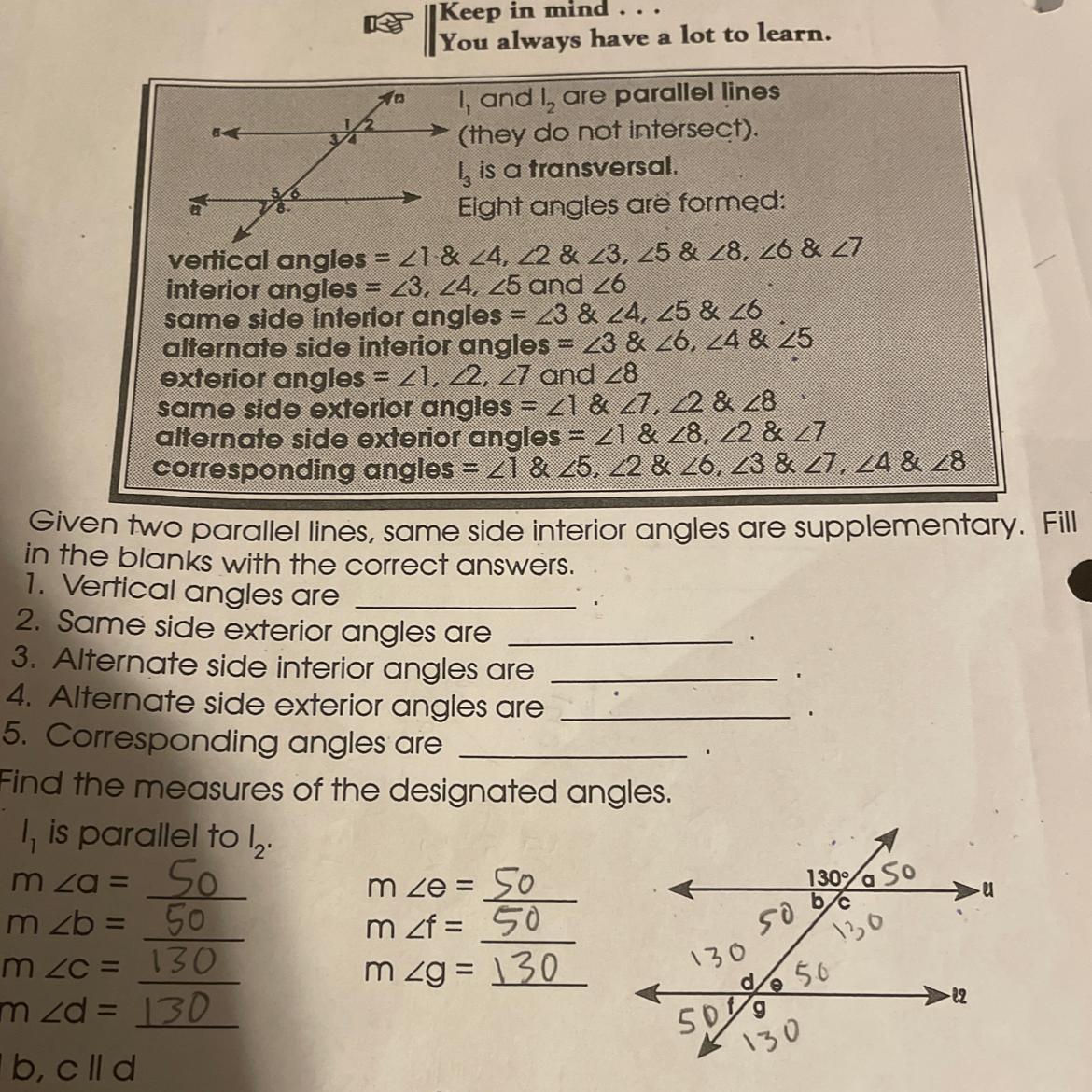 Given two parallel lines, same side interior angles are supplementary. Fillin the blanks with the correct