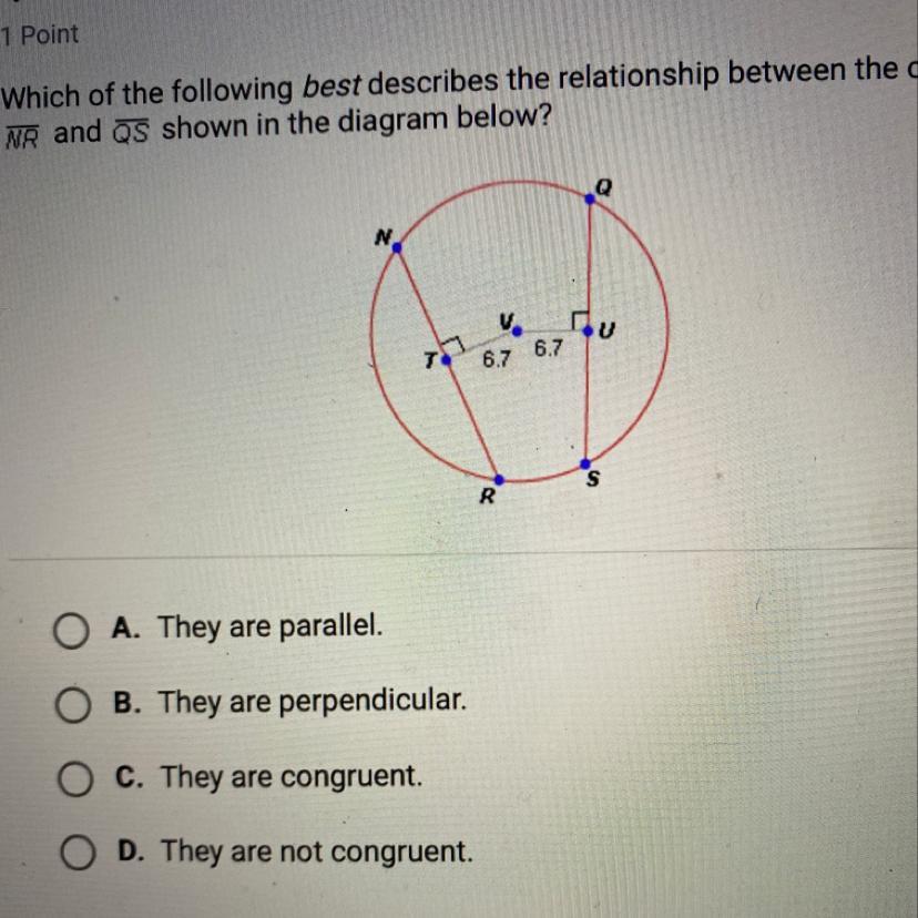 Which of the following best describes the relationship between the chords NR and QS shown in the diagram