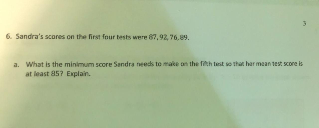 Sandra's Scores:What is the minimum score Sandra needs to make on the fifth test so that her mean test