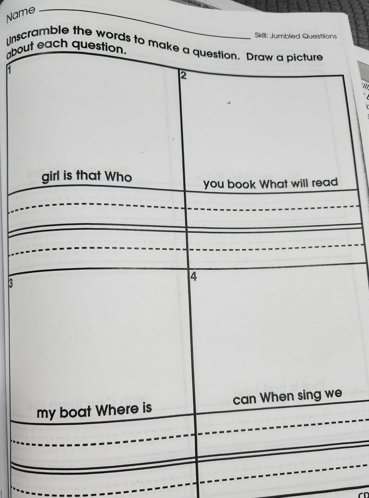Unscramble the words to make a question. Draw a picture about each question. girl is that Who my boat