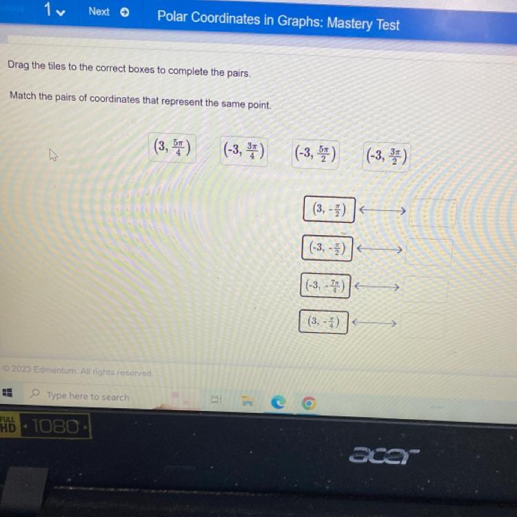 Match th pairs of coordinates that represents the same point 