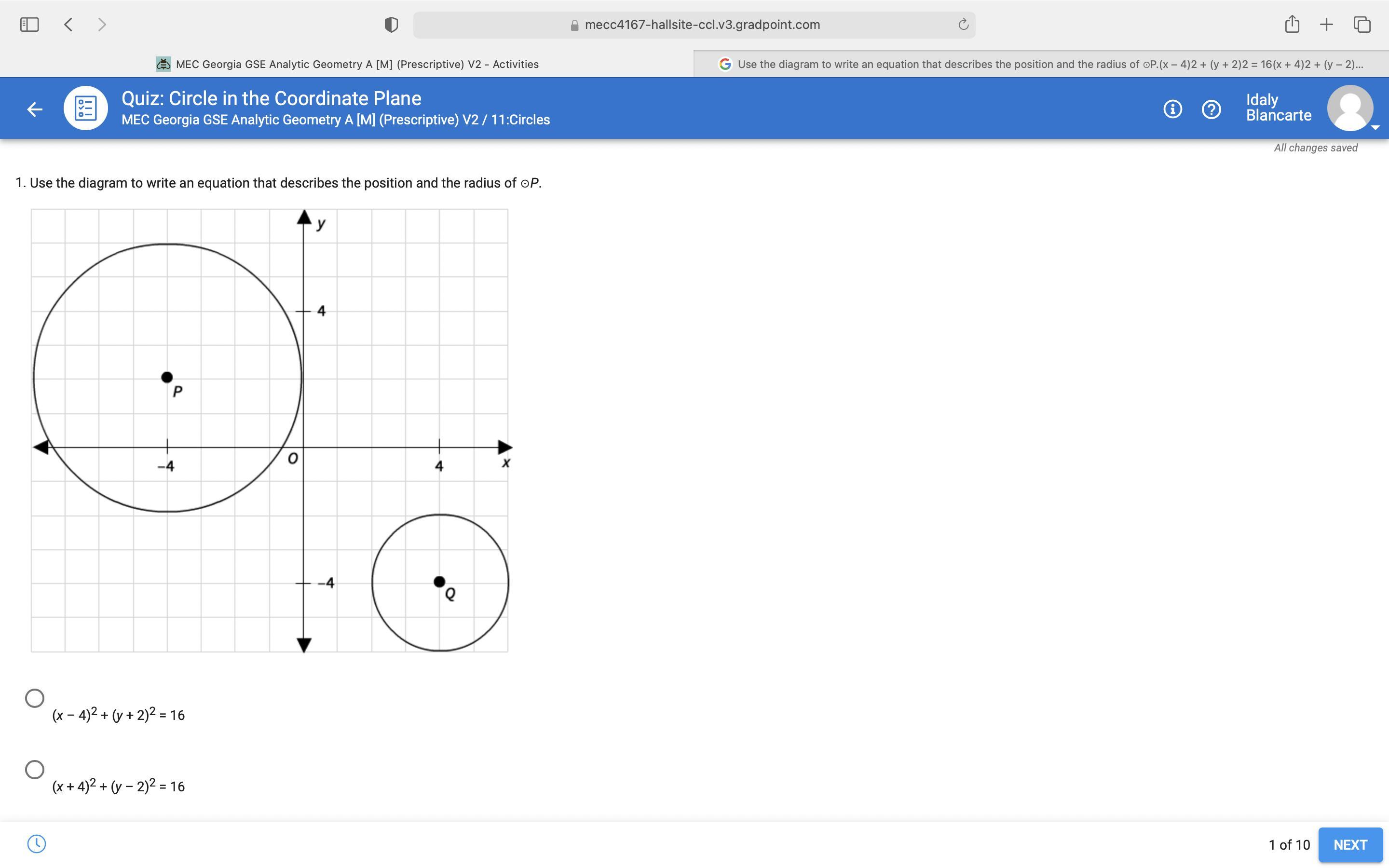 Use the diagram to write an equation that describes the position and the radius of P.(x 4)2 + (y + 2)2