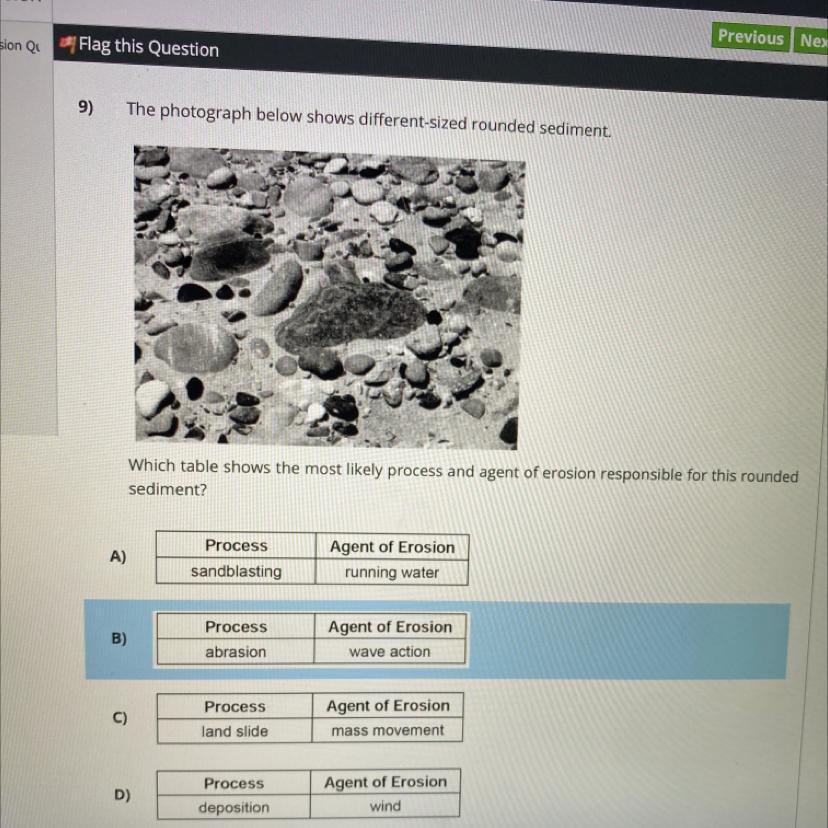 Which Table Shows The Most Likely Process And Agent Of Erosion Responsible For This Roundedsediment?