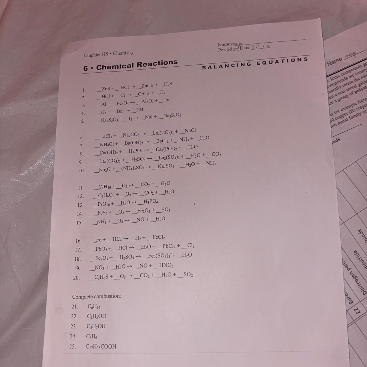 Chemistry6 Chemical Reactionsplease answer i need help