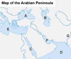 The map shows physical features in and around the Arabian Peninsula.Which body of water is represented