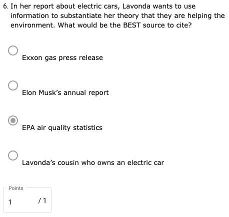 In her report about electric cars, Lavonda wants to use information to substantiate her theory that they
