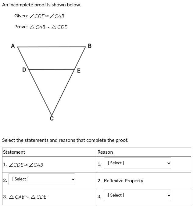 Select the statements and reasons that complete the proof.Statement #2. Reasons #1. And #3.