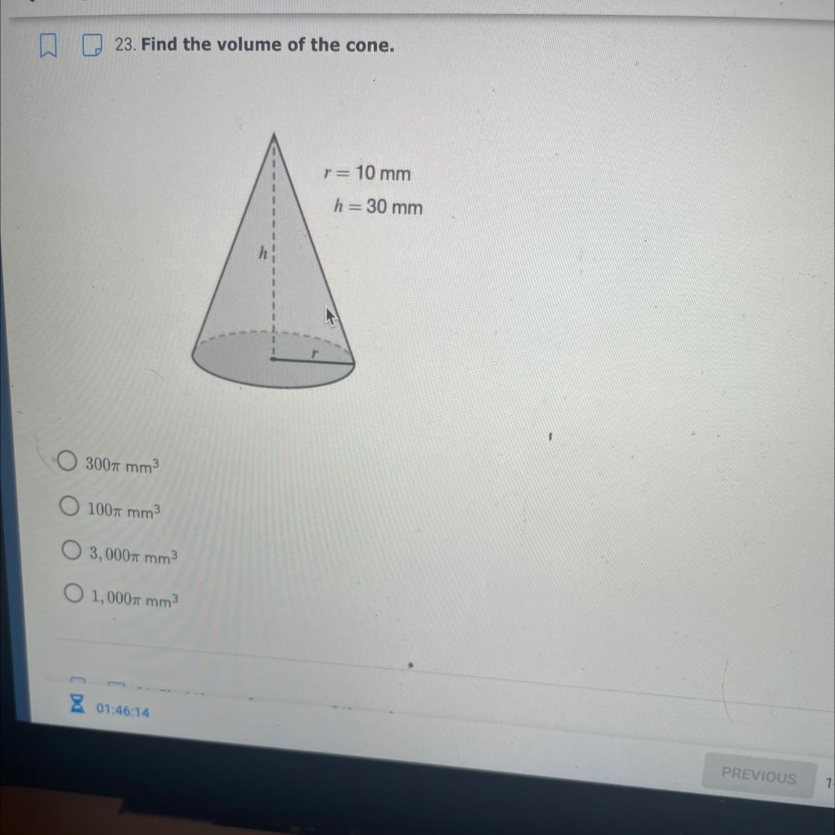 Find the volume of the cone 