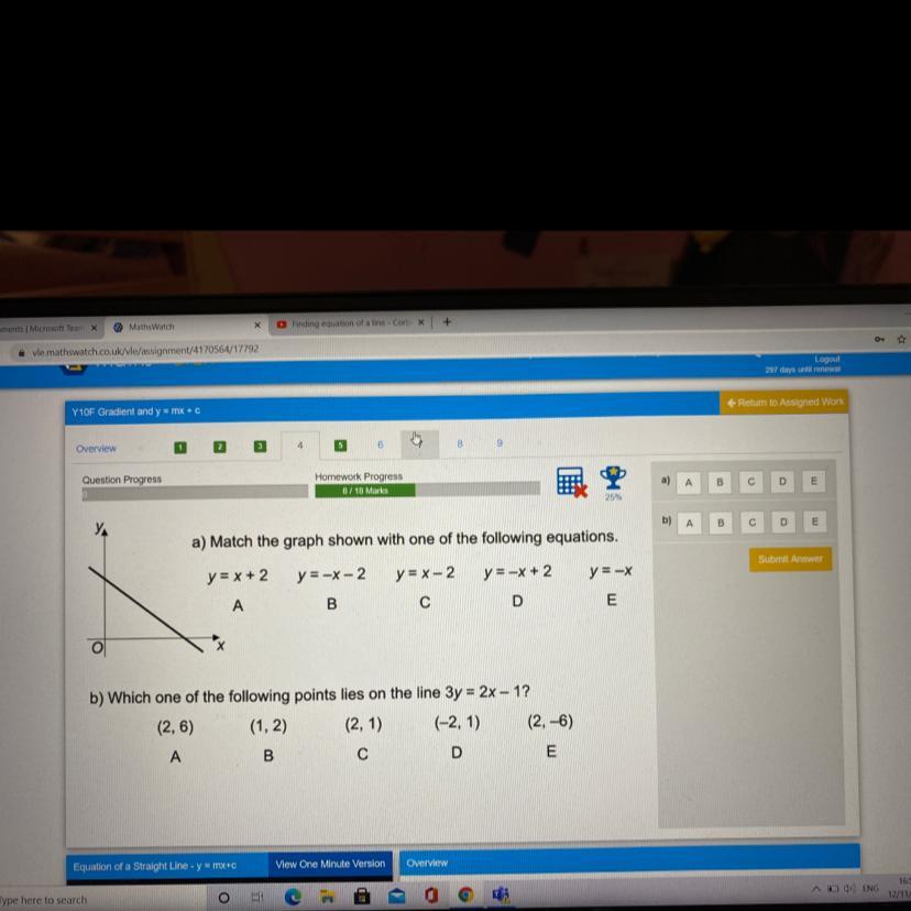 a) Match the graph shown with one of the following equations. b) Which one of the following points lies