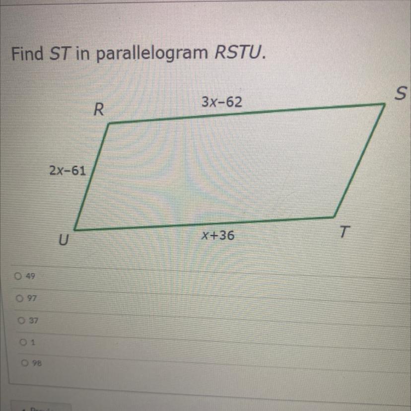 Find ST in parallelogram RSTU