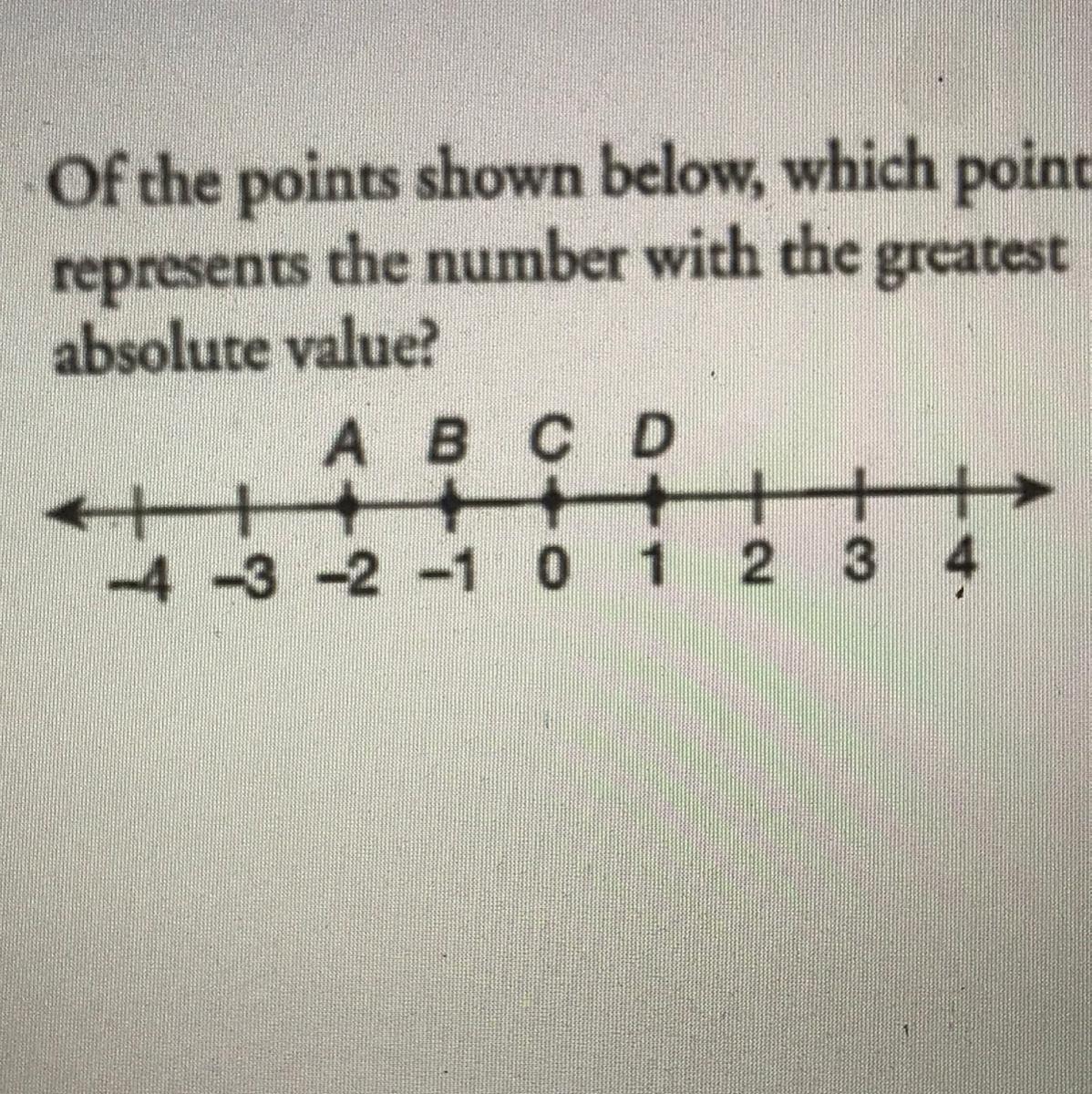 &gt;Of the points shown below, which pointrepresents the number with the greatestabsolute value?A B C