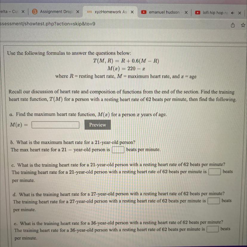 Use The Following Formulas To Answer The Questions Below:T(M,R) = R +0.6(M-R)M(x) = 220 - 2where R-resting