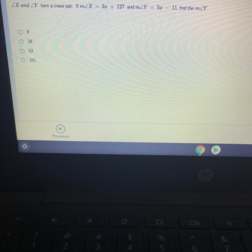 Angles X and Y form a linear pair. If the measure of angle X = 3x + 127 and the measure of angle Y =