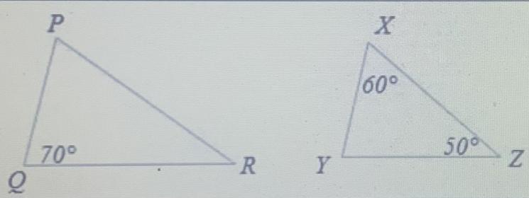 These two triangles similar. Which similarity postulate proves that they are similar? Answer choices