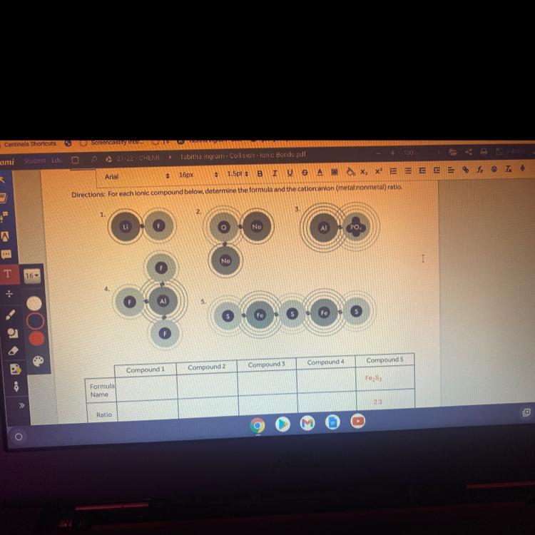 For each ionic compound below determine the formula and the cation anion ( metal:nonmetal) ratio.