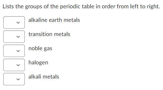 Lists the groups of the periodic table in order from left to right.