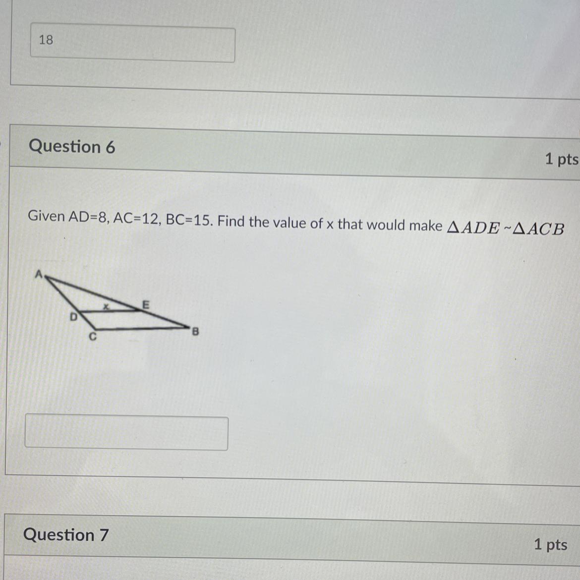 Given AD=8, AC=12, BC=15. Find the value of x that would make AADE-AACBEB