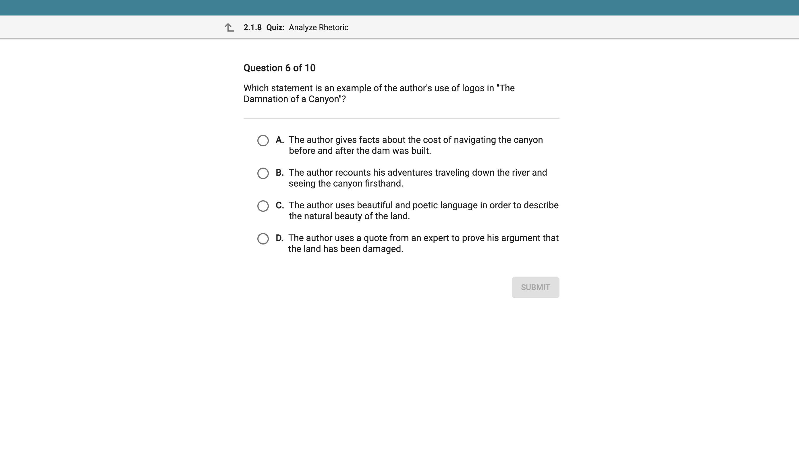 HELP WILL GIVE 100 PTS:Which statement is an example of the author's use of logos in "The Dam nation