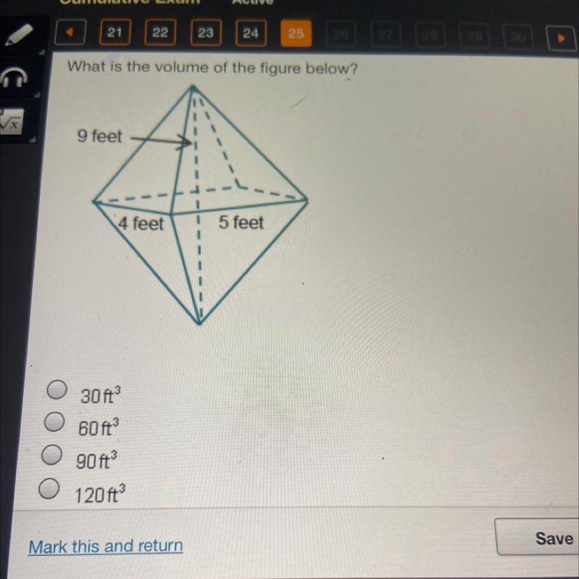 What is the volume of the figure below?9 feet14 feet5 feet30ft60ft90ft120ft