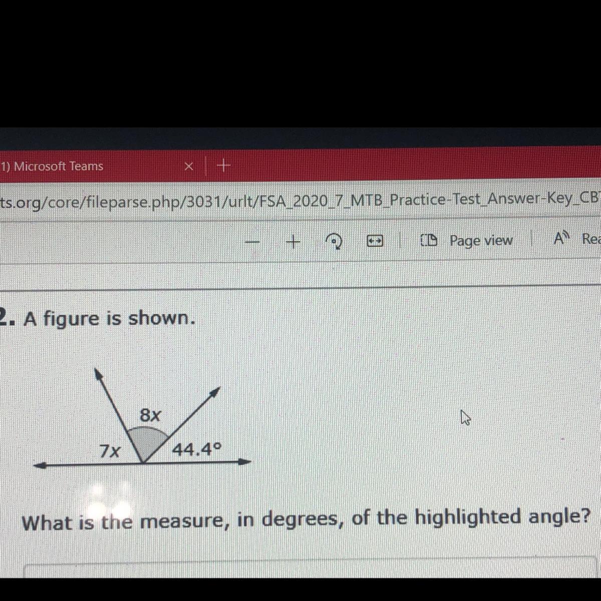 22. A figure is shown.8x7x44.40What is the measure, in degrees, of the highlighted angle?