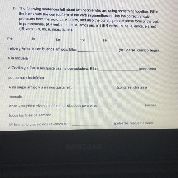**ANSWER PLEASE**Use the correct Reflective pronouns from the word bank below and also the correct present