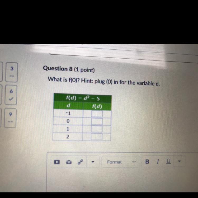 What is f(O)? Hint: plug (0) in for the variable d.f(d) = d? - 5