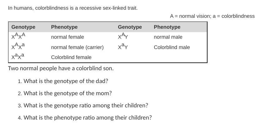 Two Normal People Have A Colorblind Son.What Is The Genotype Of The Dad?What Is The Genotype Of The Mom?What