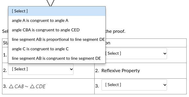 Select the statements and reasons that complete the proof.Statement #2. Reasons #1. And #3.