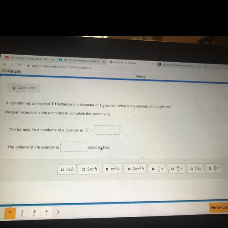 A cylinder has a height of 10 inches and a diameter of 1 1/2 inches. What is the volume of the cylinder